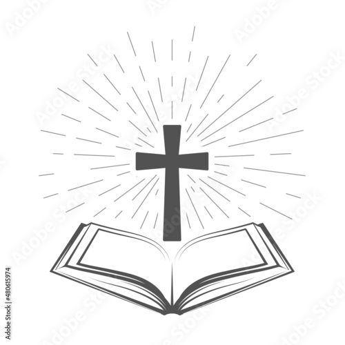 Holy Bible icon, open old testament book with shining crucifix, blessing prayer, vector