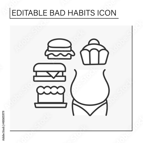 Overweight line icon. Food addiction. Overeating unhealthy food. Fast food and sweets.Bad habits concept. Isolated vector illustration. Editable stroke