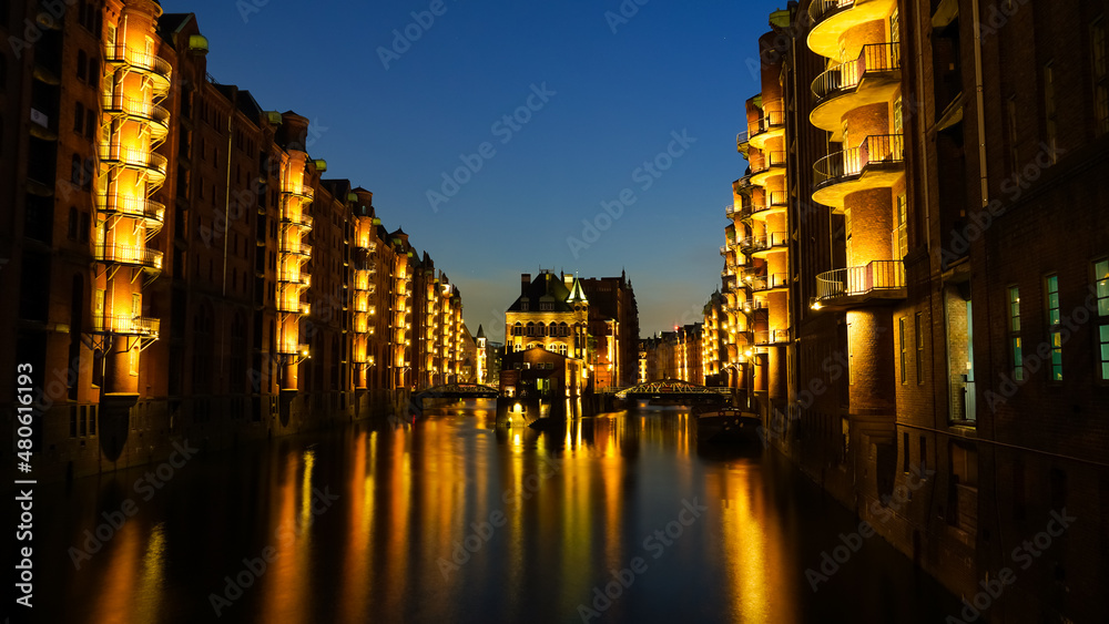 Hamburg Speicherstadt in the night with the famous moated castle