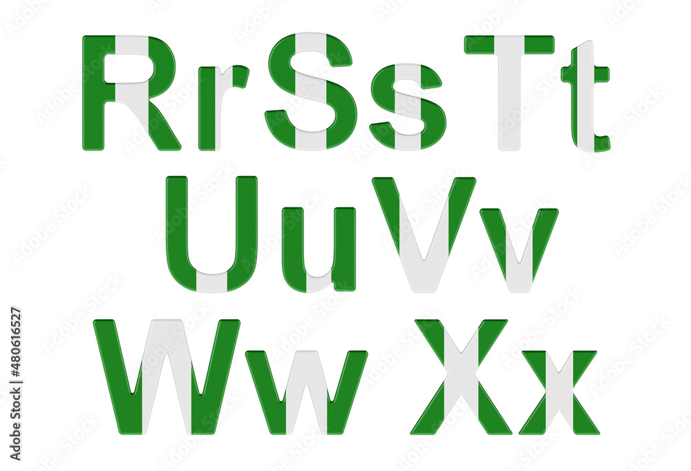 Letters with Nigerian flag. R, S, T, U, V, W, X uppercase and lowercase letters. 3D rendering