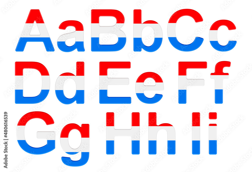 Letters with Luxembourgish flag. A, B, C, D, E, F, G, H, I uppercase and lowercase letters. 3D rendering Letters with Luxembourgish flag. A, B, C, D, E, F, G, H, I uppercase and lowercase letters. 3D rendering