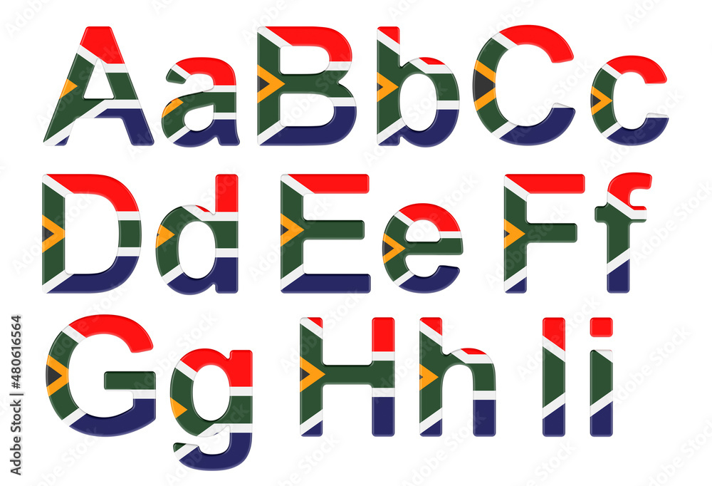 Letters with South African flag. RA, B, C, D, E, F, G, H, I uppercase and lowercase letters. 3D rendering - obrazy, fototapety, plakaty 