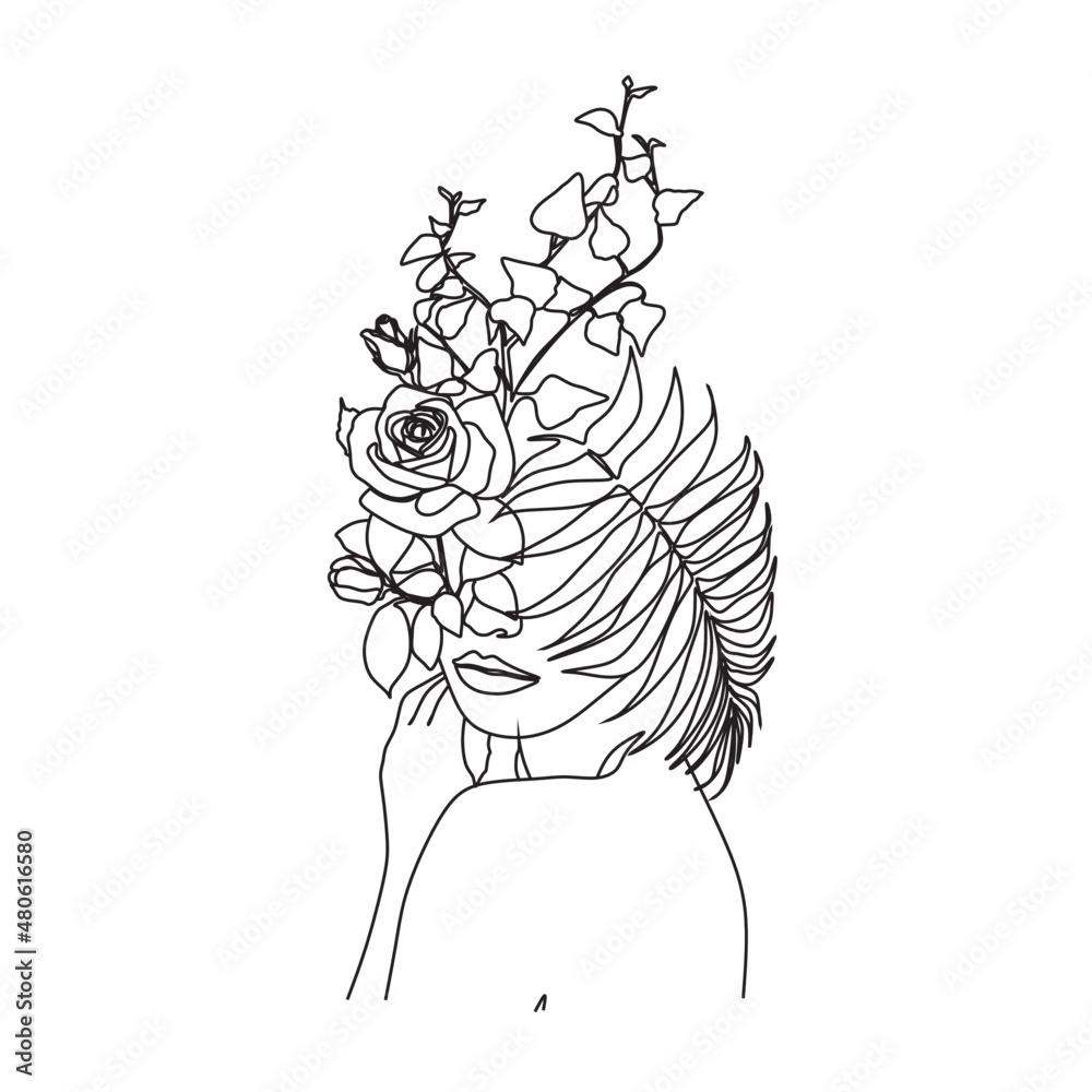 Woman face with butterfly and flowers. Line art female hands with butterflies. One line vector drawing. Portrait minimalistic style. Botanical print. Nature symbol of cosmetics. Woman face with butterfly and flowers. Line art female hands with butterflies. One line vector drawing. Portrait minimalistic style. Botanical print. Nature symbol of cosmetics.