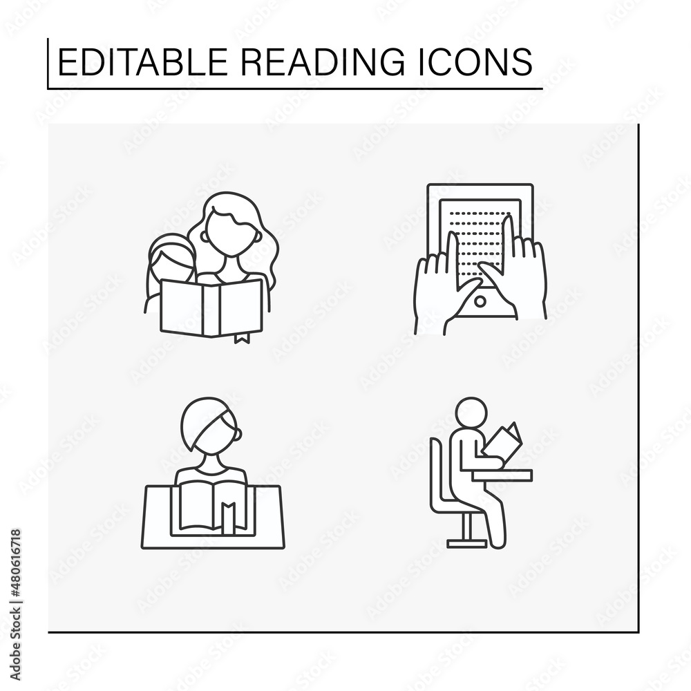 Reading line icons set. Process of acquiring skills and knowledge. Braille e-book. Reading concept. Isolated vector illustrations. Editable stroke Reading line icons set. Process of acquiring skills and knowledge. Braille e-book. Reading concept. Isolated vector illustrations. Editable stroke