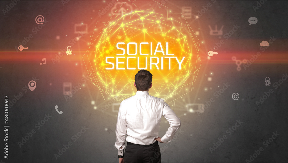 Rear view of a businessman, online security concept Rear view of a businessman, online security concept