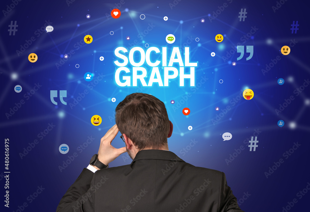 Rear view of a businessman, social media concept Rear view of a businessman, social media concept