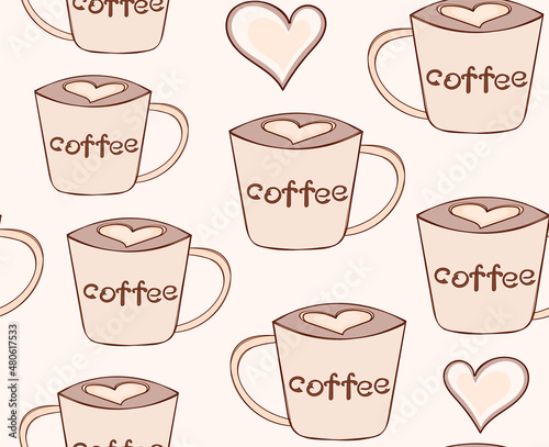 Beverage vector seamless pattern with hot coffee cups, coffee beans and hearts	
