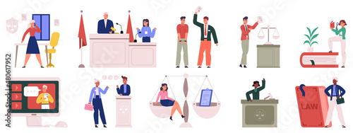 Law firm workers, lawyers and advocates justice scenes. Attorneys consulting services, professional lawyers working day vector illustration set. Law company employees photo