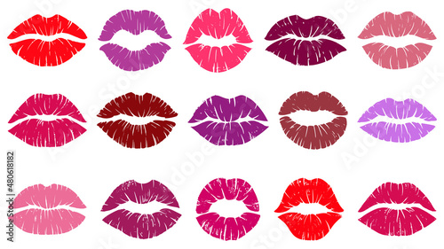 Female red lips prints  love kiss lip print. Woman lipstick kiss prints  sexy mouth kiss shapes vector illustration set. Romantic kiss prints