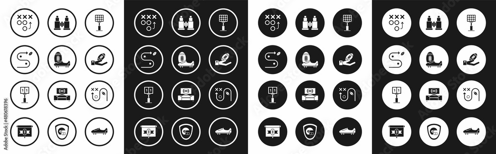 Set Bright stadium lights, Soccer or football shoes with spikes, Planning strategy concept, American Football hand, Binoculars, and Sport mechanical scoreboard result display icon. Vector Set Bright stadium lights, Soccer or football shoes with spikes, Planning strategy concept, American Football hand, Binoculars, and Sport mechanical scoreboard result display icon. Vector