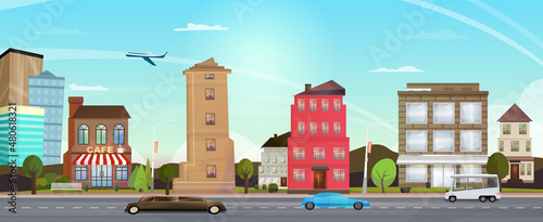 Big set different buildings and houses on blue background. Design cars, skyscrapers and cafe, hotels, shops and other colorful vector signs.