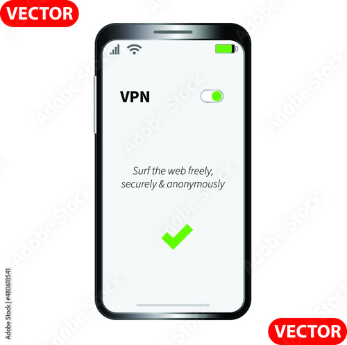 Cell phone black. Enabling security on the VPN Internet. Safe and private web surfing. Vector mobile phone
