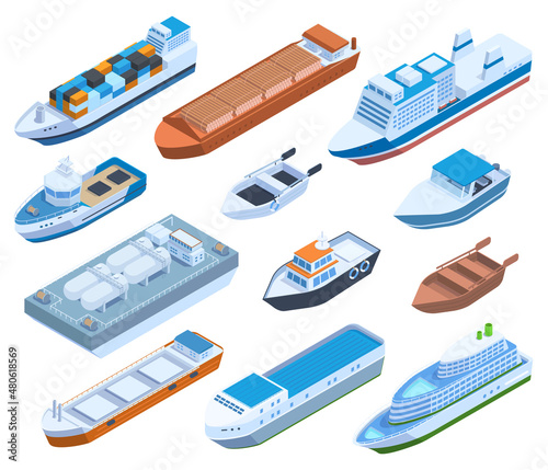 Tela Isometric commercial sea ships, yacht, barge, cruise and sailing boats