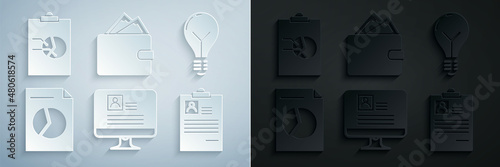 Set Computer monitor with resume, Light bulb concept of idea, Document graph chart, Clipboard, Wallet stacks paper money cash and icon. Vector