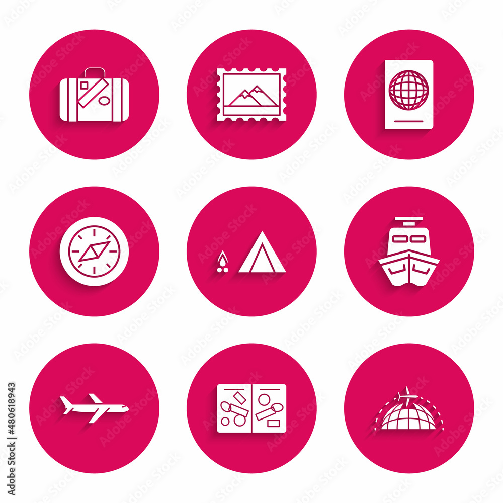 Obraz premium Set Tourist tent with wood fire, Passport pages visa stamps, Globe flying plane, Ship, Plane, Compass, biometric data and Suitcase for travel and stickers icon. Vector