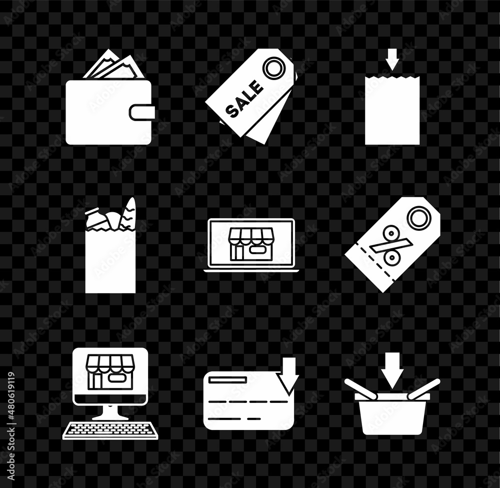 Set Wallet with stacks paper money cash, Price tag an inscription Sale, Paper shopping bag, Shopping building screen computer, Credit card, basket, and food and laptop icon. Vector Set Wallet with stacks paper money cash, Price tag an inscription Sale, Paper shopping bag, Shopping building screen computer, Credit card, basket, and food and laptop icon. Vector