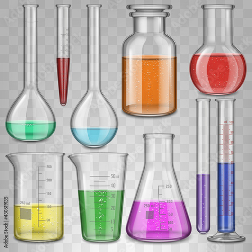 Realistic chemical lab glass beaker, filled test tubes, flask, glassware equipment. Laboratory chemical tests glassware vector illustration set. Lab measuring equipment