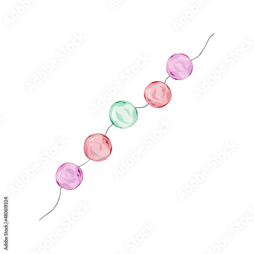 Holiday background with watercolor ball garland isolated on white background. Hand drawn illustration.