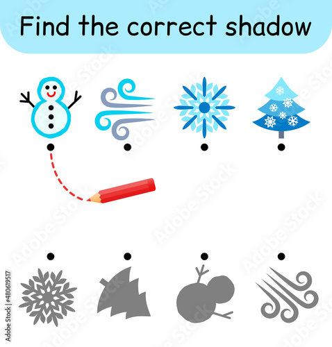 Find the correct shadow. Kids game. Educational matching game for children. Winter theme