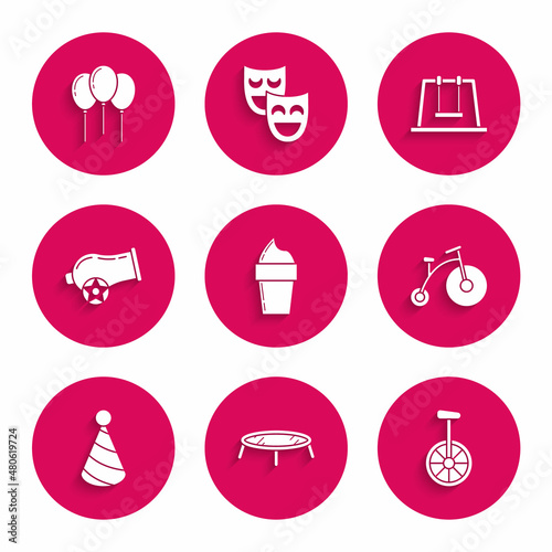 Set Ice cream in waffle cone, Jumping trampoline, Unicycle or wheel bicycle, Vintage with big and small, Party hat, Cannon, Swing and Balloons ribbon icon. Vector