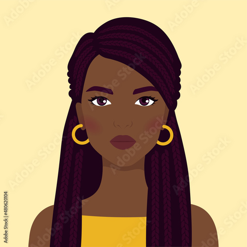Portrait of a beautiful young woman. Avatar of a girl with dreadlocks. Vector illustration.