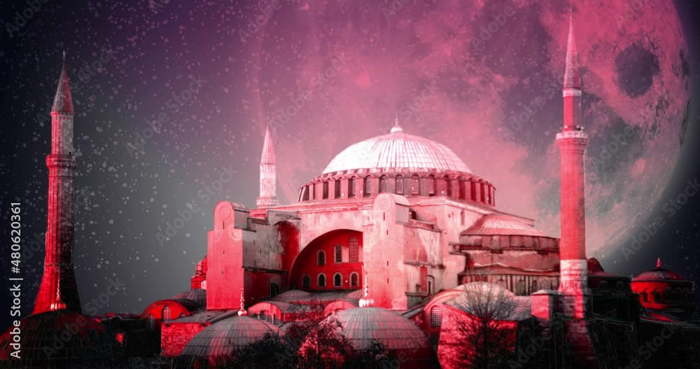 The magnificent full moon and the holy symbol of the Islamic World, Hagia Sophia Mosque.  