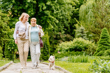 Senior mother and adult mature daughter with cute pet dog walking outdoor in summer park. Full length photo.