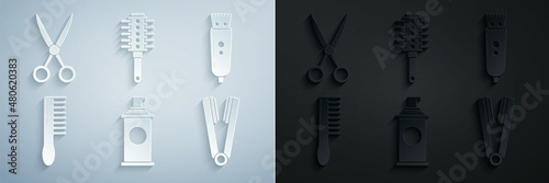 Set Shaving gel foam, Electrical hair clipper or shaver, Hairbrush, Curling iron for, and Scissors hairdresser icon. Vector