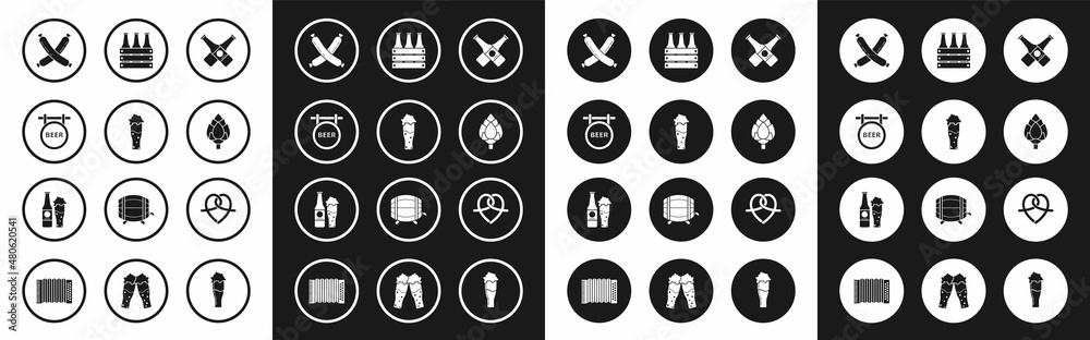 Set Crossed beer bottle, Glass of, Street signboard with inscription Beer, sausage, Hop, Pack bottles, Pretzel and and glass icon. Vector Set Crossed beer bottle, Glass of, Street signboard with inscription Beer, sausage, Hop, Pack bottles, Pretzel and and glass icon. Vector
