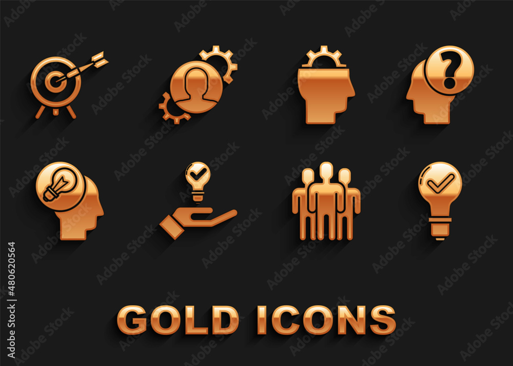Set Light bulb in hand, Human head with question mark, check, Users group, lamp, gear inside, Target arrow and icon. Vector Set Light bulb in hand, Human head with question mark, check, Users group, lamp, gear inside, Target arrow and icon. Vector