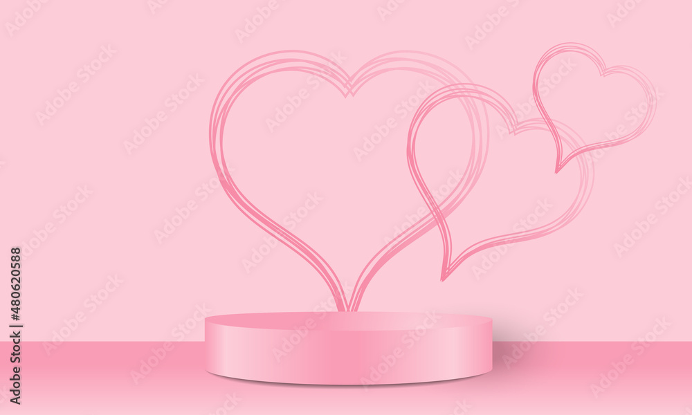 Vitrine rose avec un podium pour exposer des produits commerciaux, avec dans le fond une envolée de 3 cœurs de différentes tailles.