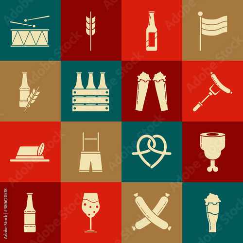 Set Glass of beer, Chicken leg, Sausage on the fork, Beer bottle, Pack bottles, Musical instrument drum and drum sticks and icon. Vector