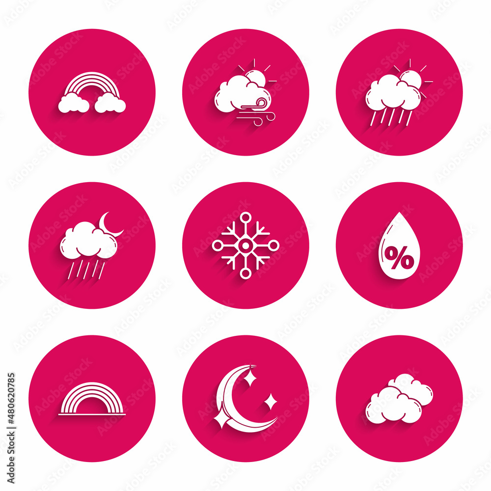 Set Snowflake, Moon and stars, Cloud, Water drop percentage, Rainbow with clouds, rain moon, sun and icon. Vector