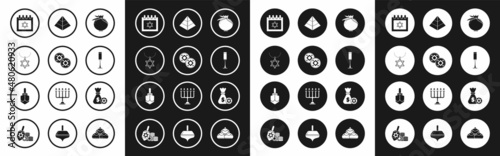 Set Pomegranate, Jewish coin, Star of David necklace on chain, calendar with star david, goblet, Egypt pyramids, money bag and and Hanukkah dreidel icon. Vector