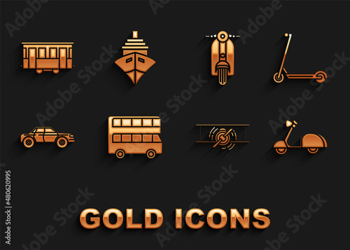 Set Double decker bus, Scooter, Old retro vintage plane, Sedan car, city tram and Cargo ship icon. Vector