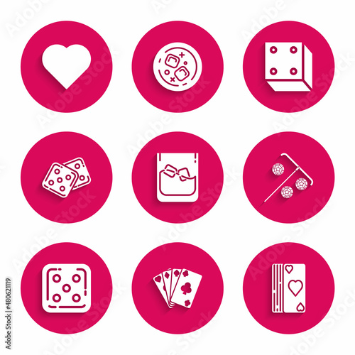 Set Glass of whiskey and ice cubes, Playing cards, Deck playing, Stick for chips, Game dice, and with heart symbol icon. Vector