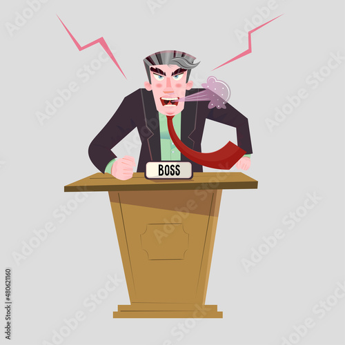 Furious boss screaming and yelling in anger standing behind rostrum. Vector character.