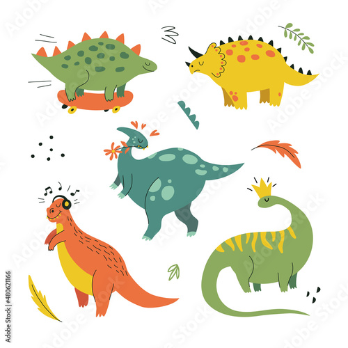Set of Funny cartoon dinosaurs with abstract shapes in hand drawn style. Illustration for t-shirt  apparel  stickers  cards  poster  nursery. Isolated on white background vector illustration