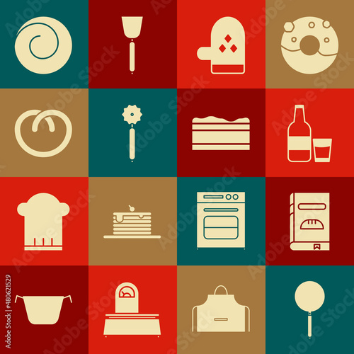 Set Frying pan, Cookbook, Glass bottle with milk and glass, Oven glove, Pizza knife, Pretzel, Roll bun cinnamon and Brownie chocolate cake icon. Vector