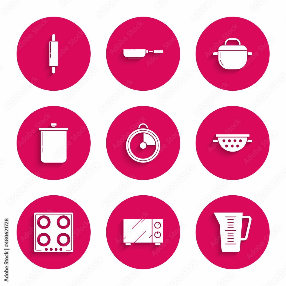 Set Kitchen timer, Microwave oven, Measuring cup, colander, Gas stove, Cooking pot, and Rolling pin icon. Vector Set Kitchen timer, Microwave oven, Measuring cup, colander, Gas stove, Cooking pot, and Rolling pin icon. Vector