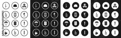 Set Gas mask, Military rank, Walkie talkie, Police rubber baton, Radar, helmet, knife and Parachute icon. Vector