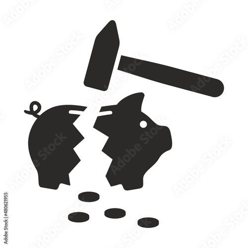 Broken piggy bank icon. Financial crisis. Savings. Broke. Inflation. Vector icon isolated on white background.
