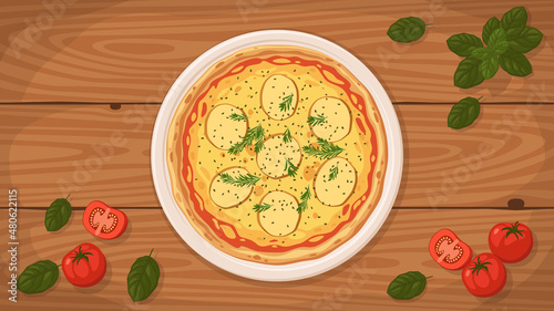 Detailed flat vector illustration of a delicious Italian style Pizza Patatosa on a plate surrounded with fresh ingredients.