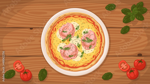 Detailed flat vector illustration of a delicious Italian style Pizza Porchetta on a plate surrounded with fresh ingredients.