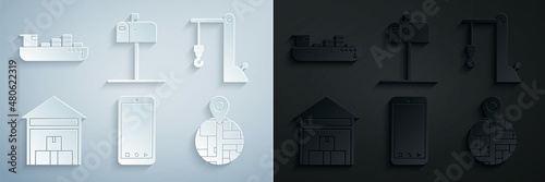 Set Mobile phone with app delivery tracking, Harbor port crane, Warehouse, , Open mail box and Cargo ship boxes service icon. Vector