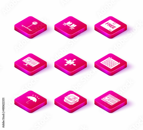 Set Umbrella and rain drops, Pizza cardboard box, Computer monitor with app delivery tracking, Cardboard traffic symbol, Laptop, Calendar, free and Railway carriage icon. Vector