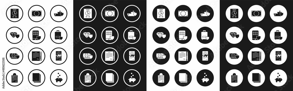 Set Ship with shield, Smartphone insurance, Diamond, Document graph chart, Traveling baggage, Stacks paper money cash, Torn contract and Money icon. Vector