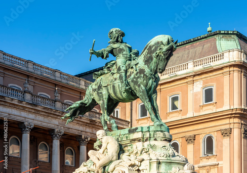 Royal palace of Buda and Prince Eugene of Savoy statue in Budapest, Hungary