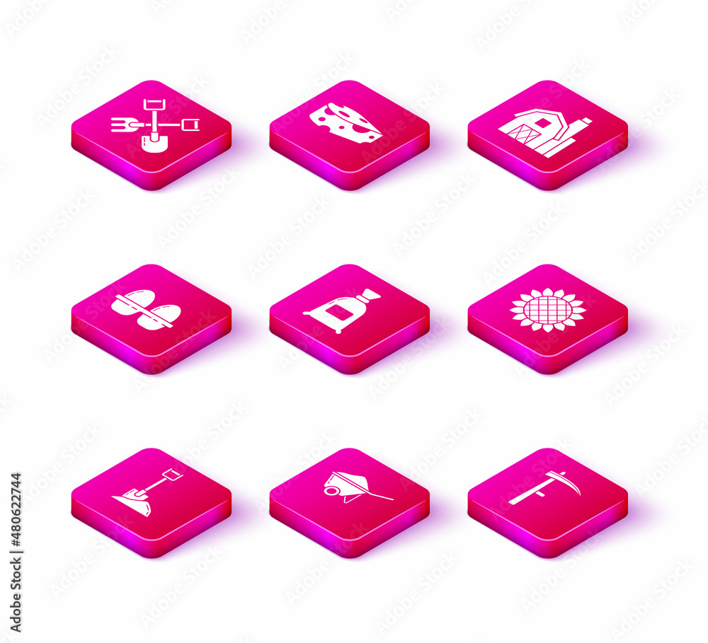 Set Shovel in the ground, Wheelbarrow with dirt, Chicken egg box, Bag of flour, Scythe, Sunflower, Farm House concept and Cheese icon. Vector Set Shovel in the ground, Wheelbarrow with dirt, Chicken egg box, Bag of flour, Scythe, Sunflower, Farm House concept and Cheese icon. Vector