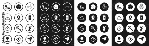 Set Road traffic sign, Medical map pointer with cross hospital, Exclamation mark triangle, Folded location marker, Infographic of city navigation, Paper airplane, Radar and Compass icon. Vector